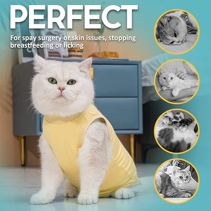 Avont Cat Recovery Suit - Kitten Onesie for Cats After Surgery, Cone of Shame Alternative Surgical Spay Suit for Female Cat, Post-Surgery or Skin Diseases Protection -Yellow(S)