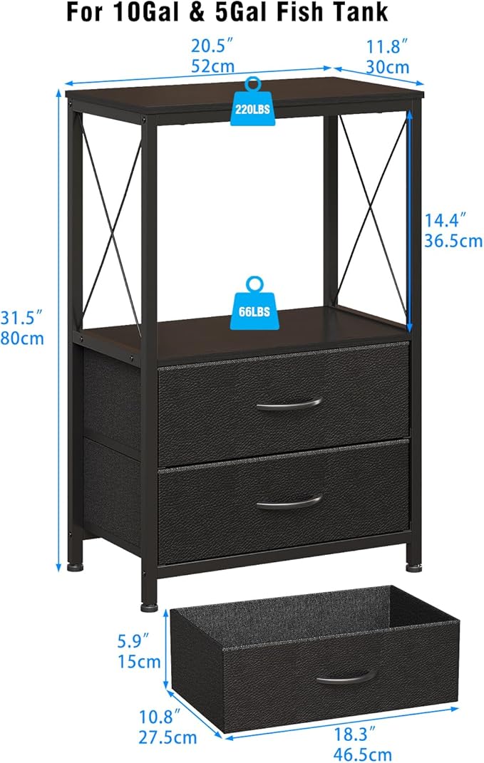 Aquarium Stand 10 Gallon with 2-Tier Shelf, Fish Tanks Stand with 2 Drawers, Metal Frame Heavy Duty Reptile/Turtle Tank Stand for Home Office, Fish Tanks Accessories Storage, Black
