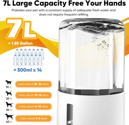 7L Automatic Dog Water Dispenser Bowl, Gravity Pet Water Dispenser with Stainless Steel Bowl, No Spilling Large Capacity Water Feeder for Dogs Cats (7L Without Filter Black)