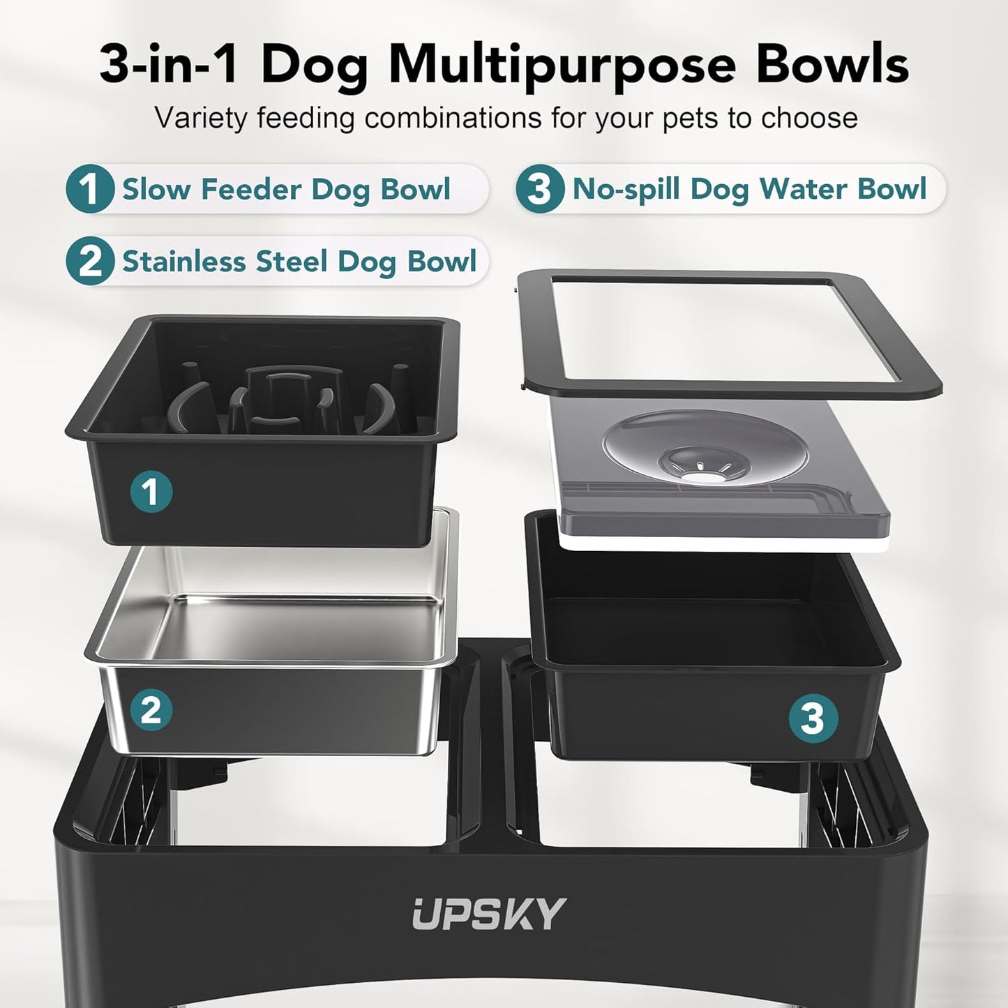 UPSKY 3-in-1 Elevated Dog Bowls Slow Feeder, Adjustable Stand, Stainless Steel Food & No Spill Pet Water Bowl for Small Medium Dogs