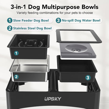 UPSKY 3-in-1 Elevated Dog Bowls Slow Feeder, Adjustable Stand, Stainless Steel Food & No Spill Pet Water Bowl for Small Medium Dogs