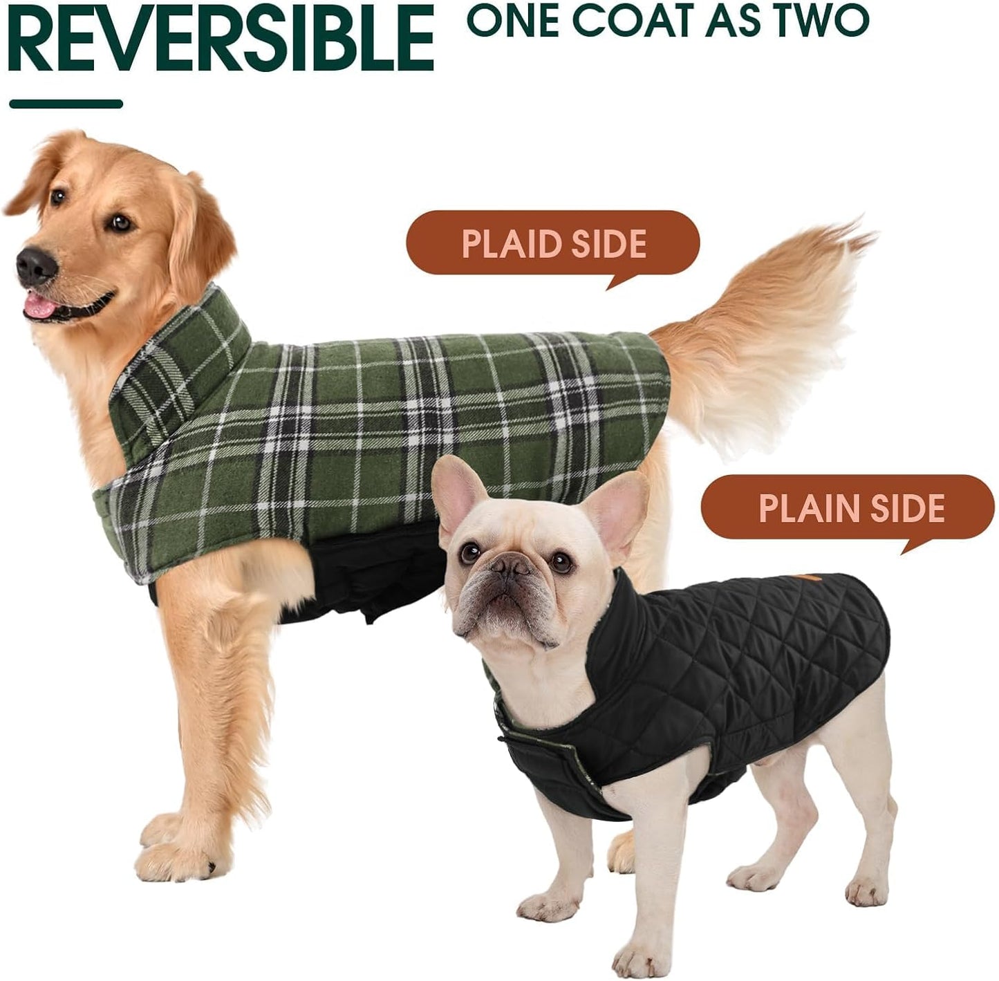 Kuoser Warm Dog Coat, Waterproof Dog Jacket for Extra Large Dogs, Adjustable Durable XXL Doggie Winter Coat Reversible Puppy Cold Weather Apparel from Small to Large Breed, Green XXL