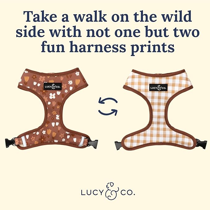 Lucy & Co. Cute Reversible Dog Harness Walking Halter - Best Designer Pet Harnesses for XS - XL Dogs - Padded Adjustable Vest for Easy Walking (X-Large, Chocolate Meadows - Brown & White Floral)