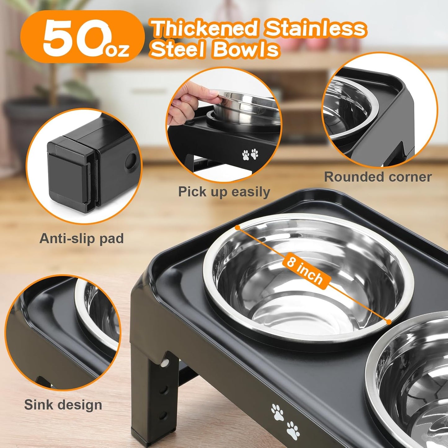 COMESOON Elevated Dog Bowls, 4 Height Adjustable Raised Bowl Stand with 2 Thick 50oz Stainless Steel Food Bowls Non-Slip Feeder Adjusts to 3.7'', 9.2'', 10.75'', 12.36'' Black, (DB-W01)