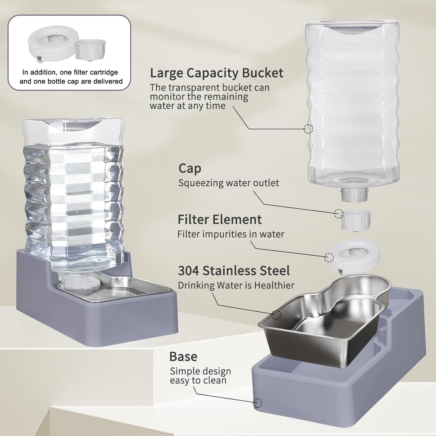 Sfozstra Automatic Lagre Water Dispenser: 9L Dogs Stainless Steel Gravity Light Gray Upgraded Feeder - Two Caps and Filters - Convenient Designed for Multiple Pets