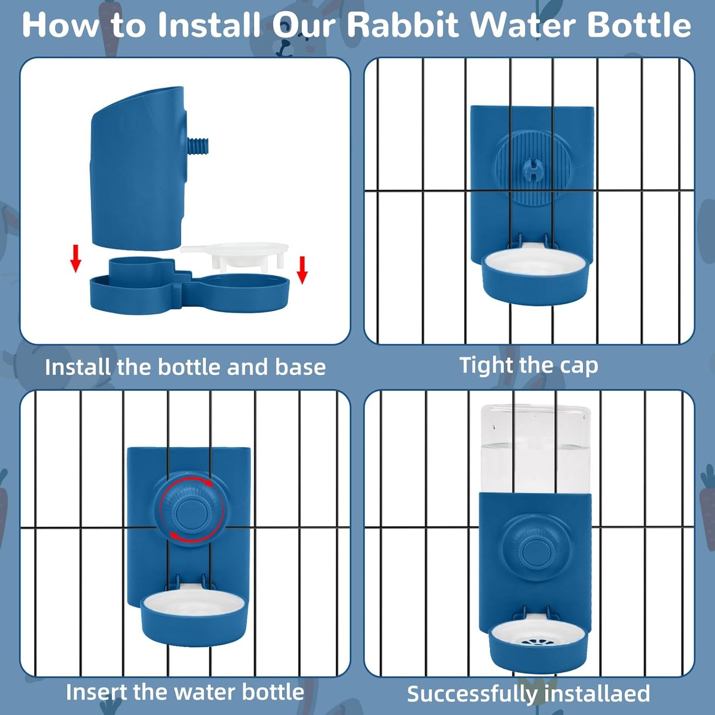 Rypet Hanging Rabbit Water Bottle Cage, 21oz Guinea Pig Water Bottle Dispenser, Automatic Small Pet Cage Water Feeder for Bunny Chinchilla Hamster Hedgehog Ferret Rat Gerbil Small Animal (Blue)