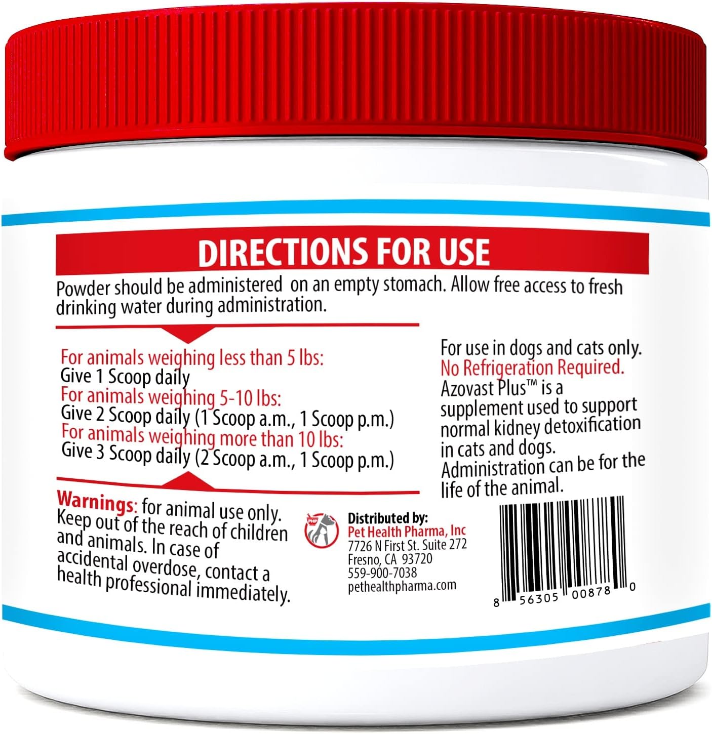 Azovast Plus Kidney Health Supplement for Dogs & Cats, Oral Powder (6 Oz) - (120 Doses/Jar) NO Refrigeration Required - Help Support Kidney Function & Manage Renal Toxins (Made in U.S.A) (6 Oz)