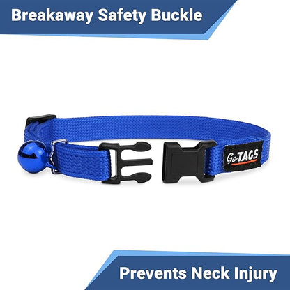 GoTags Personalized Reflective Cat Collars with Tag, Engraved Custom with Name and Phone, Breakaway Collar with Safety Buckle and Bell, Adjustable for Cats and Kitten, (Blue with Nameplate)