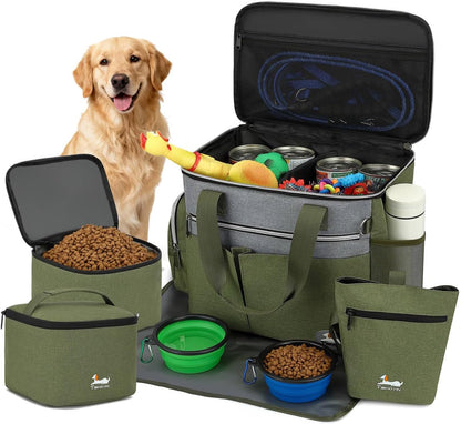 Dog Travel Bag for Pet Kit for Supplies with 2 Food Storage Containers 2 Collapsible Bowl 1 Feeding Mat 1 Dog Treat Pouch 7-Piece Set Perfect Road Trips Camping Weekend Doggy Gift Olive Green