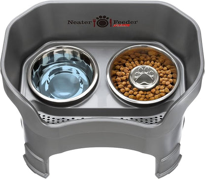 Neater Feeder Deluxe Mess Proof Dog Bowls Elevated for Large Breeds – Made in USA – No Spill Raised Slow Feeder Elevated Dog Bowl Stand w/Leg Extensions, Food and Water Bowl Set, Grey