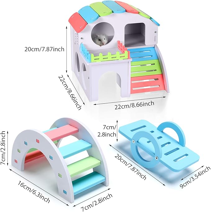Skylety 3 Pieces Fun Hamster Toys Guinea Pig Hideout Include PVC Hamster House, Rainbow Bridge, Seesaw Toy DIY Exercise Play Toys for Rats Mouse Small Animals (Large, Rainbow Color)