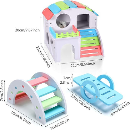 Skylety 3 Pieces Fun Hamster Toys Guinea Pig Hideout Include PVC Hamster House, Rainbow Bridge, Seesaw Toy DIY Exercise Play Toys for Rats Mouse Small Animals (Large, Rainbow Color)
