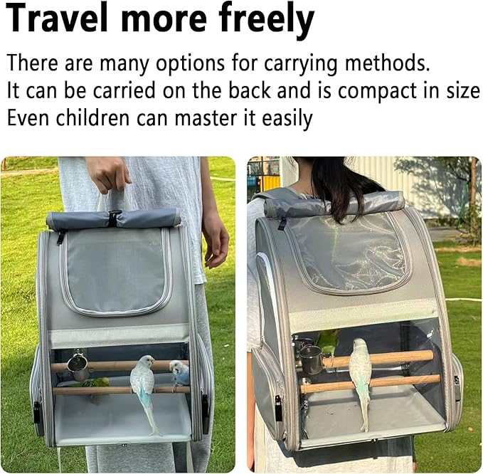 Bird Carrier,Travel Bird Cage,Bird Backpack for Small Birds Parakeet,Canary,Parrot, Finches,Cockatiel.Portable Outdoor Bird Bag with 2 Wooden Perch, Double-Clamp Cup, Detachable Poop Tray (Gray)