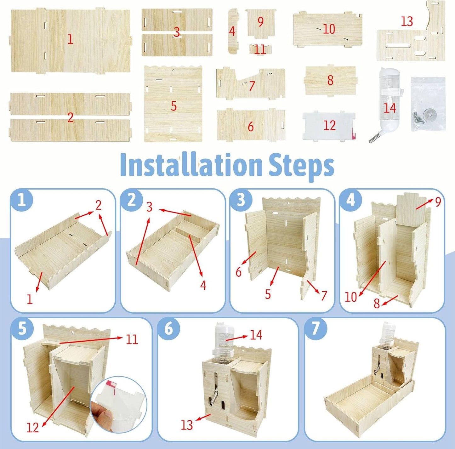 Hamiledyi 3 in 1 Wooden Hamster Feeder Dispenser Hanging Dwarf Hamster Food Bowl & Water Bottle with Removable Litter Box Small Animal Feeder for Hamsters Mouse Gerbil (11" x 5.7" x 7.5")