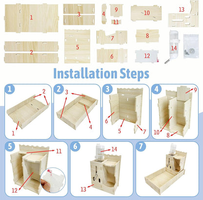 Hamiledyi 3 in 1 Wooden Hamster Feeder Dispenser Hanging Dwarf Hamster Food Bowl & Water Bottle with Removable Litter Box Small Animal Feeder for Hamsters Mouse Gerbil (11" x 5.7" x 7.5")