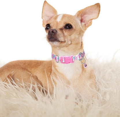 Pink Small Dog Collar with Bell, Pretty Floral Daisy Girl Cat Collar Flower Puppy Collars with Bells for XS Small Tiny Pet Female Dogs Kitten Little Animal, S