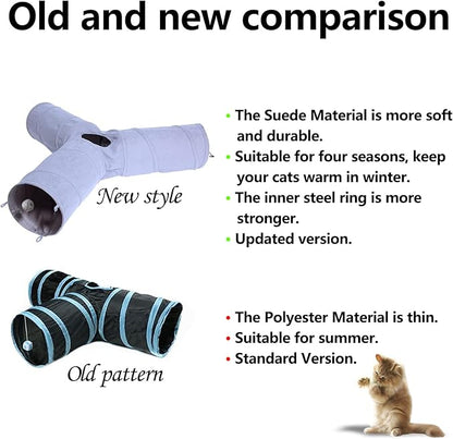 3 Way Collapsible Cat Play Tube Toys with Plush Ball, Indoor Play Tunnel for Puppy, Kitty, Kitten, Rabbit