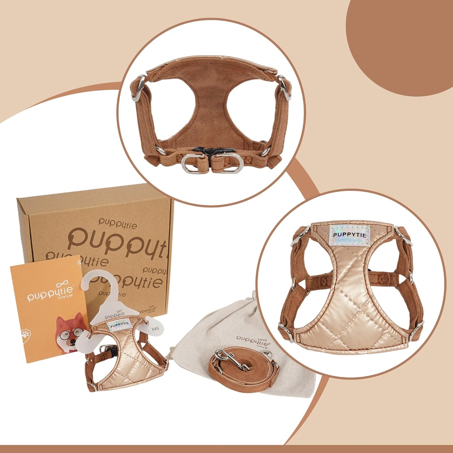 Puppytie No Pull Small Dog Harness with Multifunction Dog Leash,Lightweight Soft Adjustable No Choke Escape Proof Pet Harness Vest Pet Harness Vest,Glossy Oat Brown,S