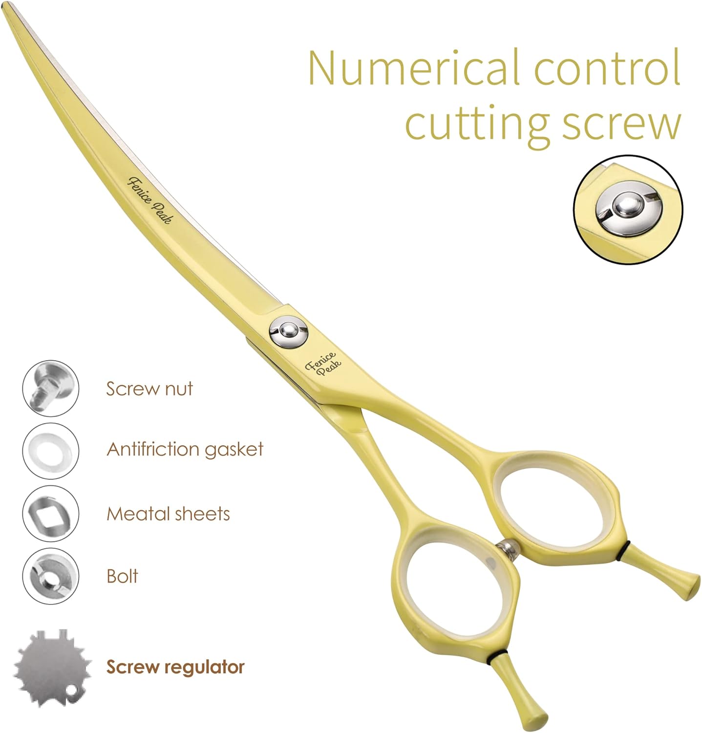 Fenice Peak Curved Dog Grooming Scissors with Yellow Color Coating 440C Stainless Steel Pet Grooming Bending Shears Sharp and Durable Comfortable Engonomic Handle
