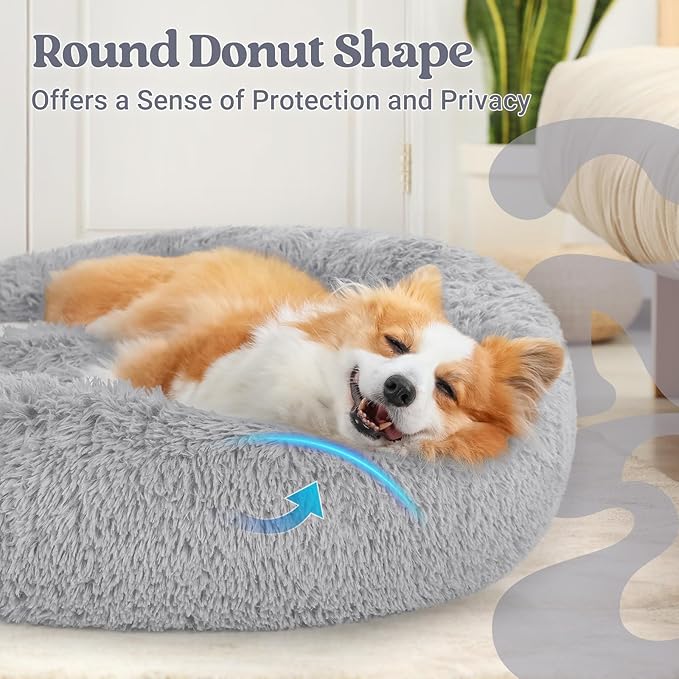 rabbitgoo Calming Dog Bed for Small Medium, 30 inches Pet Bed Machine Washable, Non-Slip Round Fluffy Plush Faux Fur Large Cat Cushion, Soft Donut Cuddler Cushion for Small Dogs, Light Grey