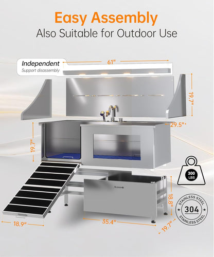 POLIMO Dog Washing Station, LED Professional Stainless Steel Dog Bathing Station 61", Dog Grooming Tub for Large, Medium & Small Dog - with Window, Ramp, Drawer, Floor Grate & Faucet (Left Ramp, 61")