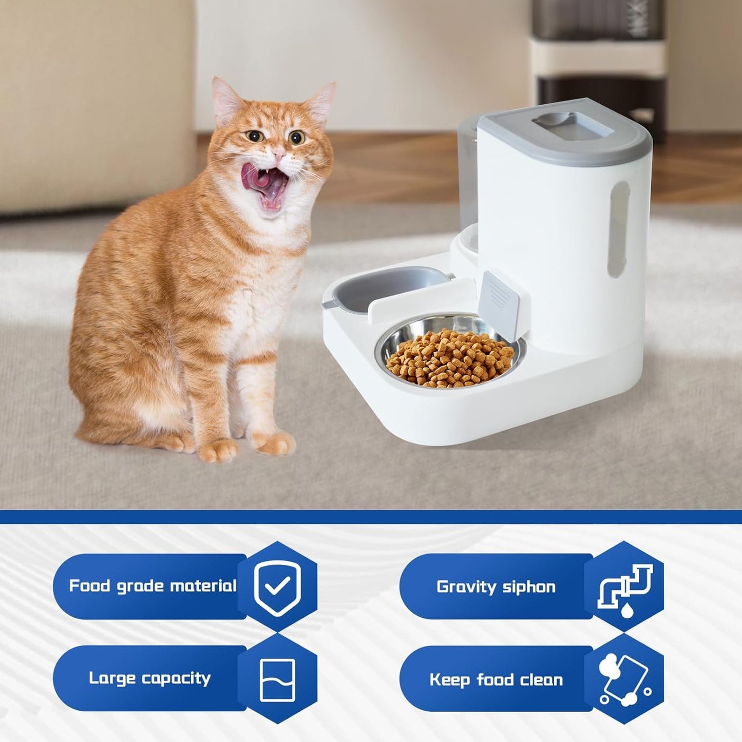 Automatic Cat Food and Water Dispenser Set 2 in 1, All-in-One Gravity Pet Feeder with Stainless Steel Cat Food Bowl Travel Auto Supply Feeder and Water Dispenser for Small Medium Cats Dogs (Gray)