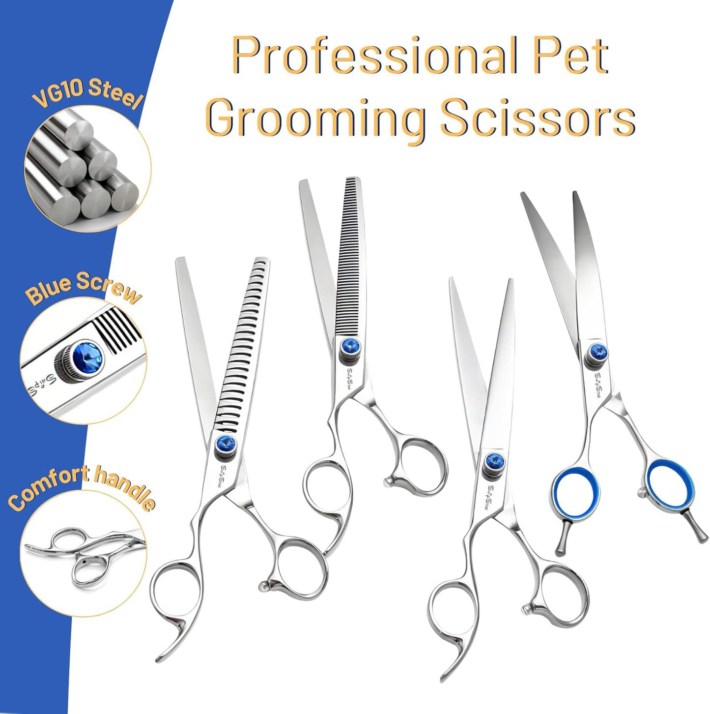 Curved Thinning Dog Grooming Scissors, VG10 Steel Pet Grooming Kit, Professional 7.5in Dog Trimming Scissors, for Rabbit Cat Face Body Hair Cutting Groomer or at Home, Shears Set with Ergonomic Handle