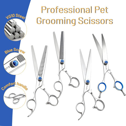 7.5in Curved Chunker Dog Grooming Scissors Kit, VG10 Steel Pet Shears Set, Professional Dog Trimming Scissors, for Rabbit Cat Face Body Hair Cutting Groomer or at Home, with Ergonomic Handle