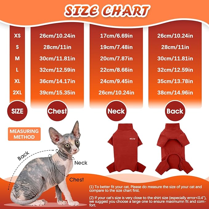 ROZKITCH Sphynx Clothes for Cats, Breathable Soft Cat Jumpers for Cats Only, Cat Coat with Four Legs, Warm Sweater T-Shirt Pajamas Jumpsuit Vest Cornish Rex Devon Rex Peterbald Red 2XL