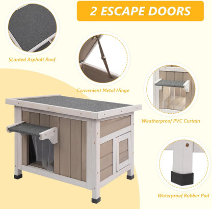 Insulated 22.44" L Cat House,All-Round Foam Feral Cat Shelter for Winter Cats,Outdoor Weatherproof Cat Enclosure with Asphalt Roof & 2 Escape Doors for Winter Small Cats,Grey
