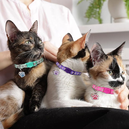 4PCS Breakaway Cat Collars,Reflective Cat Collar with Bells,Kitten Collars for Boy&Girl Cats Breakaway Collar for Cats with Paw Pendant 7.5-12.6 Inch(Purple+Hotpink+Red+Teal)