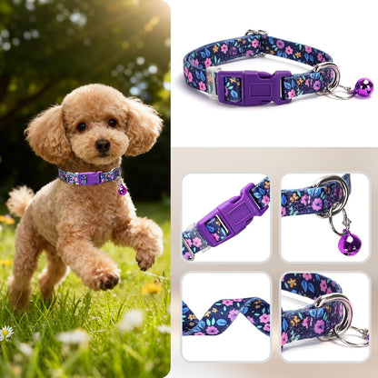 Nylon Dog Collar with Bell for Small Dogs, Adjustable Puppies, Kittens & Small Pets Collar- Purple Floral Design, XXS-XS-S Sizes, Lightweight & Secure Fit, for Pet Owners (S)