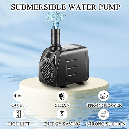 Submersible Pump, Small Fountain Pump with Tubing, Submersible Water Pump for Aquarium Fish Tank Indoor or Outdoor Pond Fountain Hydroponics Statuary (10W 160GPH, With Led Light)