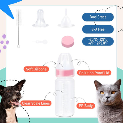 DEMORA Kitten Bottle Feeding Kit, Graduated Nursing Feeding Bottles for Pet Kitten Puppy Hamster Rabbit with Two Kinds of Replaceable Nipples Feeder (Clear, 3.4 oz)