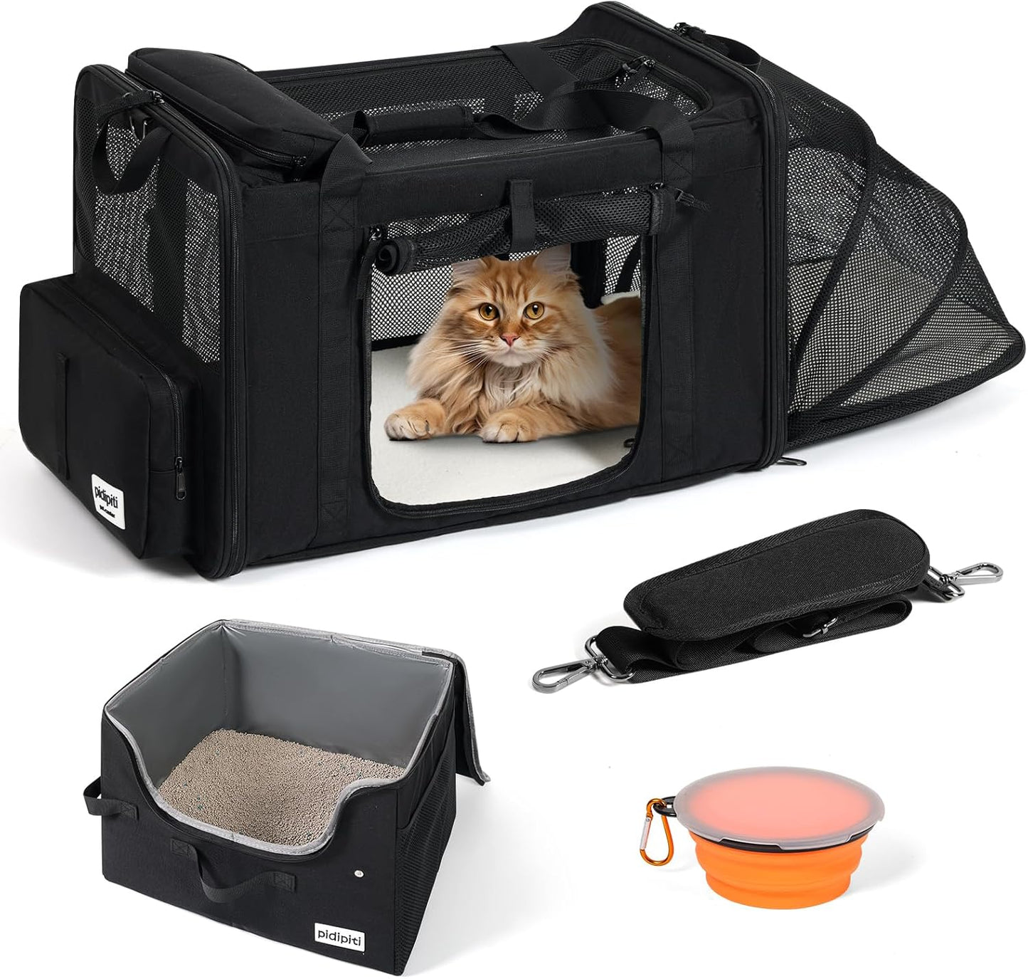 25''(L) x 17''(W) x 17''(H) Extra Large Expandable cat Carrier for car Travel,Soft Crate for 1 Large / 2 Medium Cats up to 35 lbs,Long Road Trip cage with a Leakproof Portable Litter Box