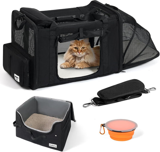 25''(L) x 17''(W) x 17''(H) Extra Large Expandable cat Carrier for car Travel,Soft Crate for 1 Large / 2 Medium Cats up to 35 lbs,Long Road Trip cage with a Leakproof Portable Litter Box