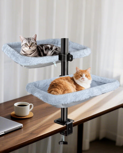 L&W BROS. Double Layer Cat Desk Bed – Adjustable Desk Nest with Swivel Mounts, Metal Frame, 45LB/Layer, Washable Covers, for Multi-Cat Homes