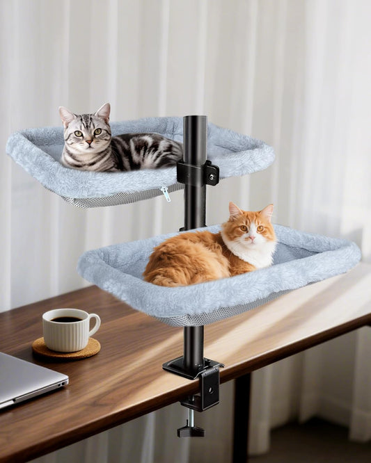 L&W BROS. Double Layer Cat Desk Bed – Adjustable Desk Nest with Swivel Mounts, Metal Frame, 45LB/Layer, Washable Covers, for Multi-Cat Homes