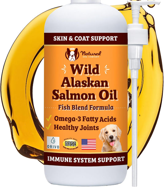 Natural Dog Company Wild Alaskan Salmon Oil Formula with Omega 3, Fish Oil for Dogs Supplement, Skin & Coat Dog Oil, Itchy Relief, Immune Support for Joints & Heart, Food Topper, 32 oz