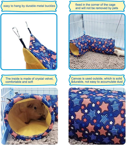 Guinea Pig Rat Tunnel Ferret Hammock, Small Animal Corner Tunnel & Tubes & Bed for Hedgehog Piggy Chinchilla Hideout Toys and Cage Accessories (3.Hammock&Tunnel)