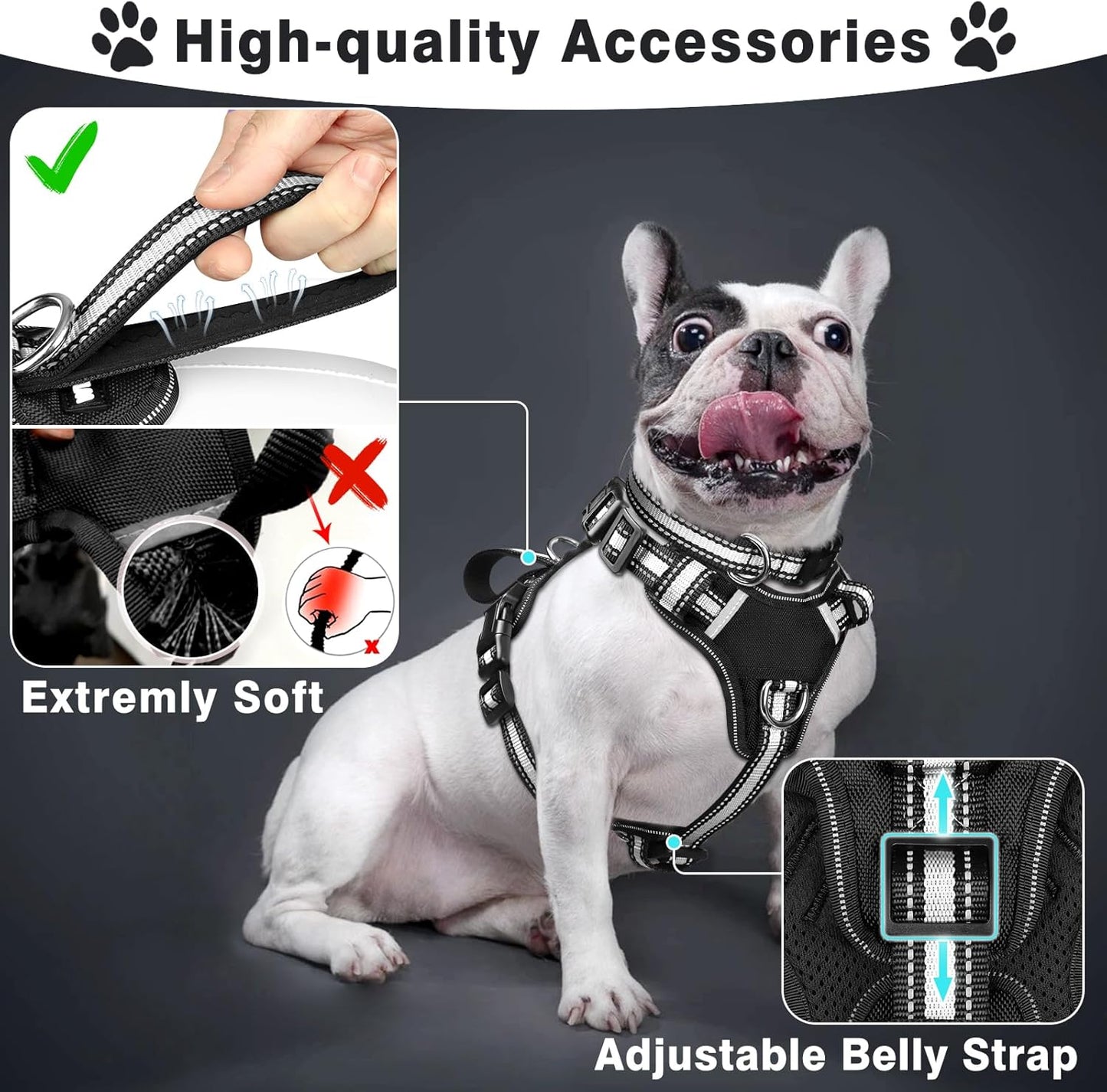 WINSEE Pet Harness Collar and Leash Set, All-in-one Reflective Dog Harness No Pull with Adjustable Buckles for Puppies, Small, Medium, Large, and Extra-Large Dogs (X-Large, Black)