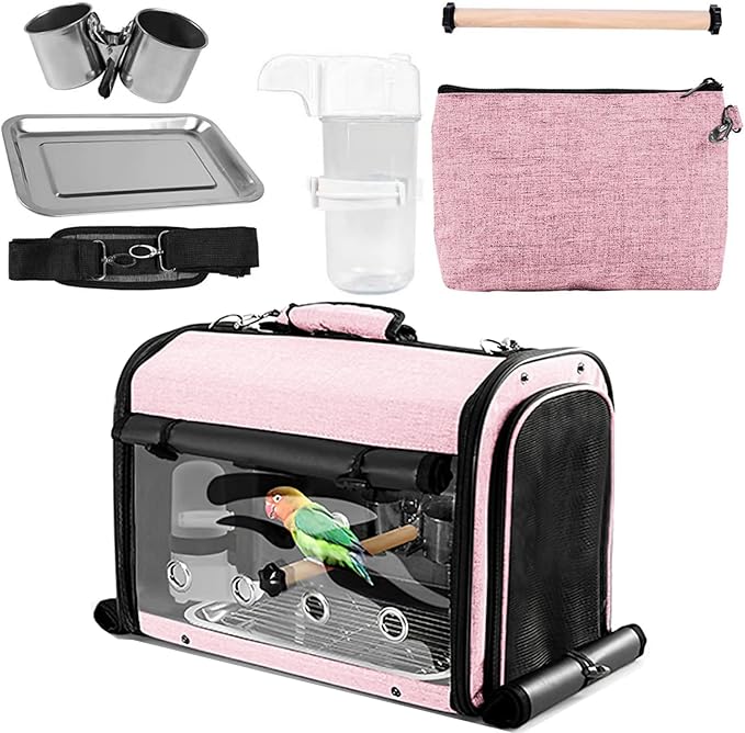Sanmoncare Bird Carrier Bag Cockatiel Travel Cage with Stand, Lightweight Travel Carrier for Small Bird, Portable Parrot Travel Bag, Pet Transparent Travel Backpack