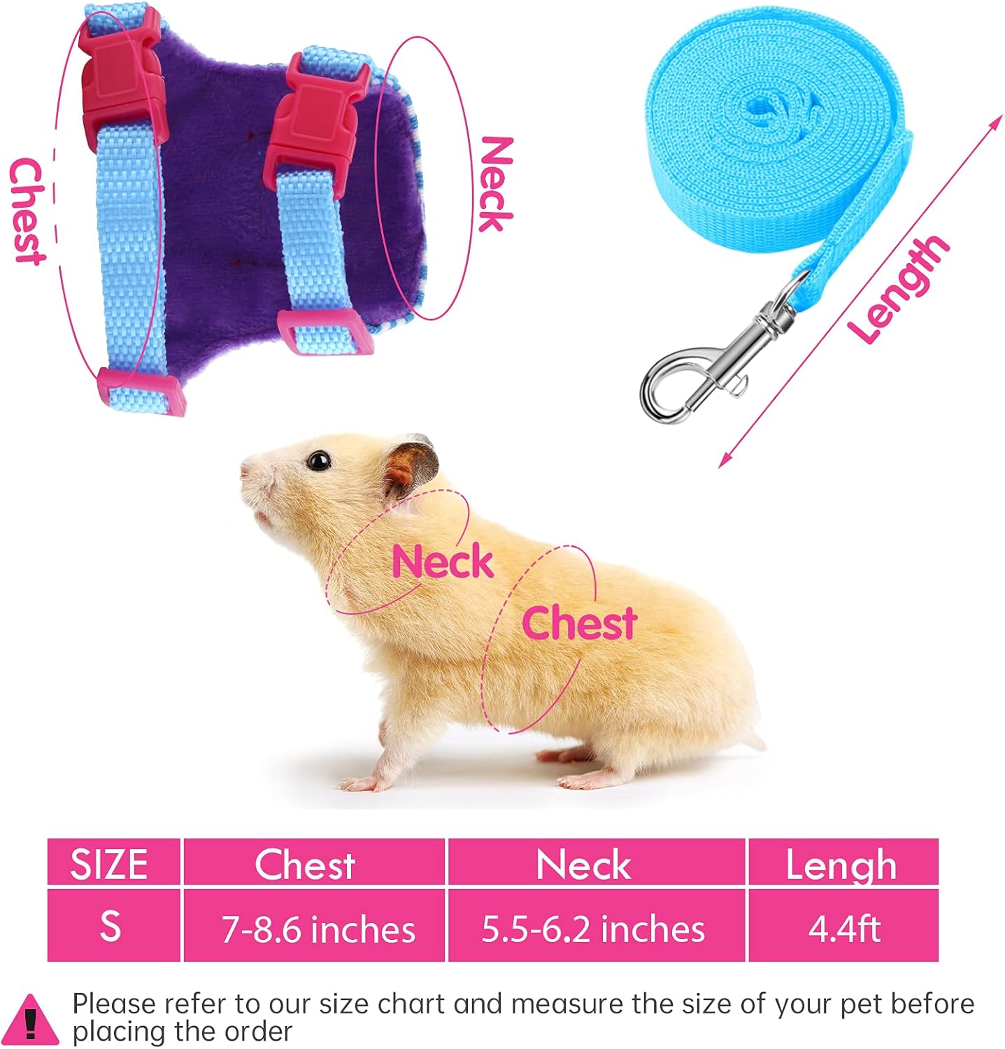 2 Pieces Hamster Harness and Leash Set for Walking, Small Guinea Pig Clothes with Bowknot Bell, No Pulling Comfort Padded Vest Striped for Guinea Pig Hamster Ferret, Small Animals (Blue, Pink,S)