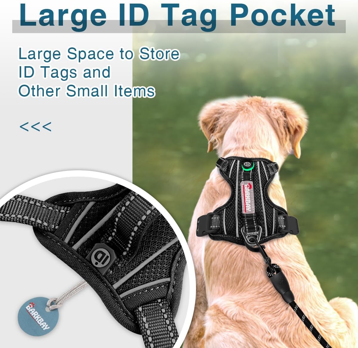 BARKBAY Dog Harness No Pull with ID Tag Pocket - Heavy Duty, Reflective, Easy Control for Large Dogs(Black,XS)