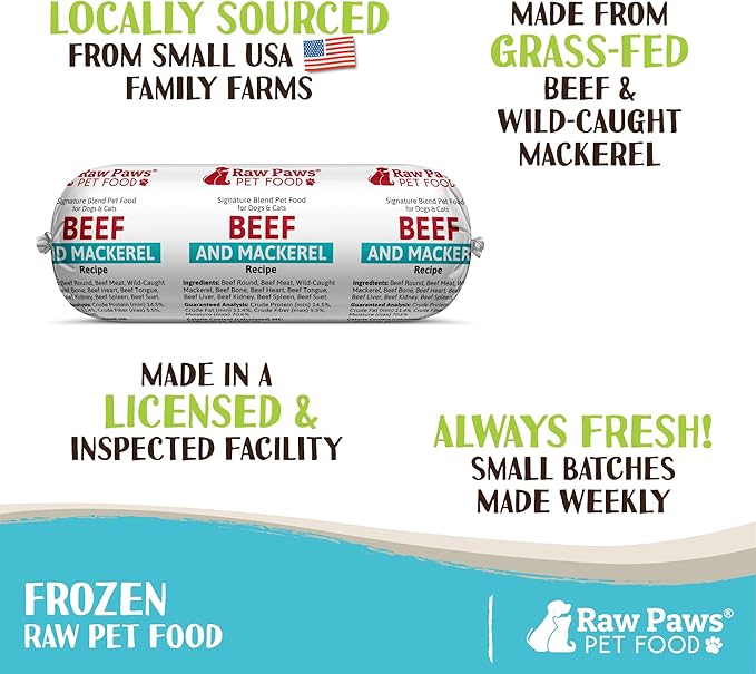 Raw Paws Signature Blend Pet Food for Dogs & Cats - Beef & Wild-Caught Mackerel Recipe, 1-lb Rolls (20 Pack) - Freshly Made in USA Natural Beef Fish Dog Food - Mackerel for Dogs, Raw Cat Food