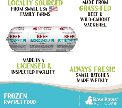 Raw Paws Signature Blend Pet Food for Dogs & Cats - Beef & Wild-Caught Mackerel Recipe, 1-lb Rolls (20 Pack) - Freshly Made in USA Natural Beef Fish Dog Food - Mackerel for Dogs, Raw Cat Food