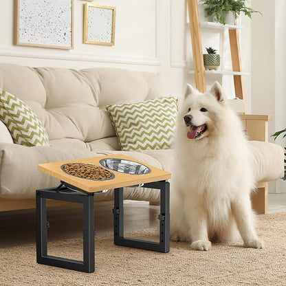Dog Bowls Elevated, 4 Height & Angle Adjustable Raised Dog Bowl Stand, Elevated Dogs Bowl Stand for Medium Sized Pet, Sturdy Bamboo Dogs Feeding Station with 2X 48oz (6cup) Stainless Steel Dishes
