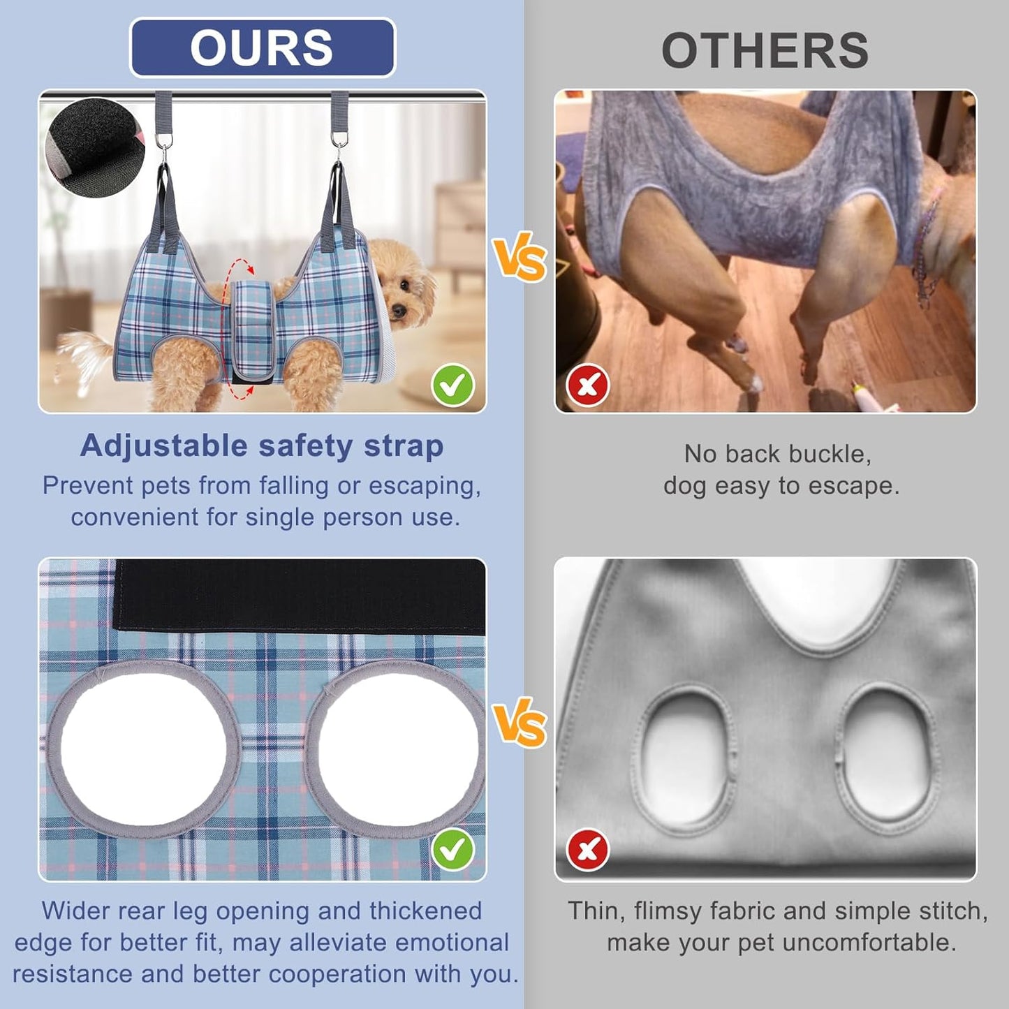 BEAUTYZOO Dog Grooming Hammock, Medium Dog Sling for Nail Trimming, Dog Hanging Harness for Claw Care with Thick Fabric Neck Support Wide Strap Restraint Cat Grooming Hammock, Blue L