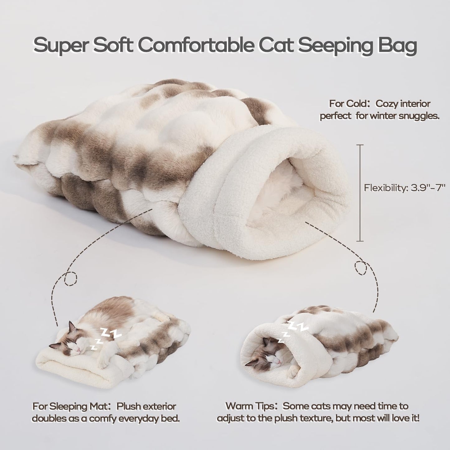 Cat Sleeping Bags for Indoor Cats Self Warming Cat Bed Fits up to 15 lbs Pets Soft Plush Warm Bed 360° Wrap Bag Washable Comfortable Pet Sleeping Bed 21" × 17" Coffee White
