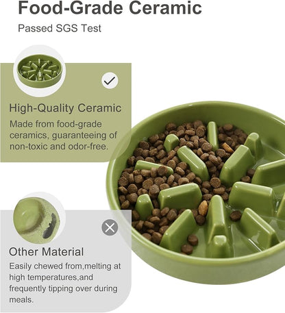 Ceramic Maze Dog Slow Feeder with Non-Slip Silicone Rim (& Bamboo Stand) – Heavy-Duty Stoneware Bowl with Puzzle Pattern for Bloating & Obesity Prevention (Raised-Green-M)